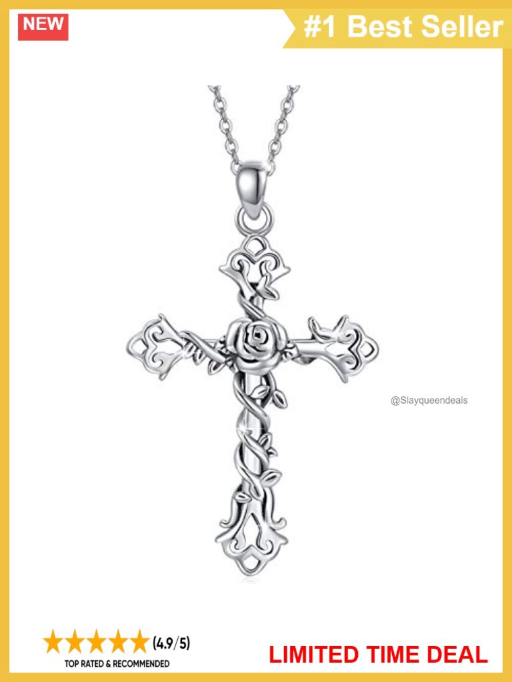 925 Sterling Silver Rose Cross Pendant Necklace 18" Cable Chain